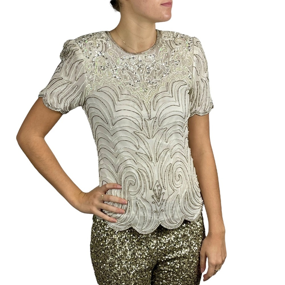 ADRIANNA PAPELL SILK WHITE BEAD EMBELLISHED SHORT SLEEVE BRIDAL EVENING TOP